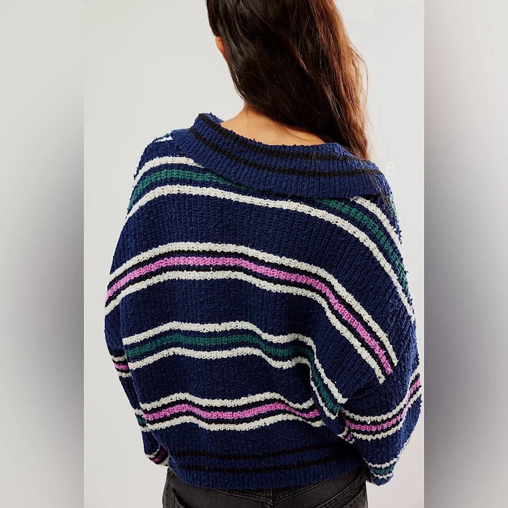 Free People Navy V-Neck Striped Sweater with Pink, Green & White Accents